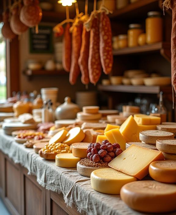 Interno del mercato Taiga Sapori con esposizione di formaggi e salumi