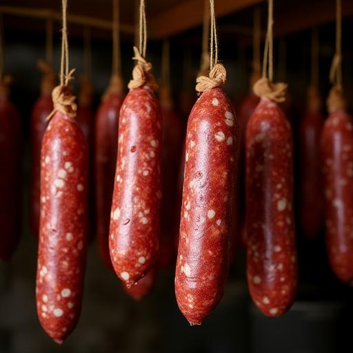 Salame toscano e finocchiona appesi a stagionare